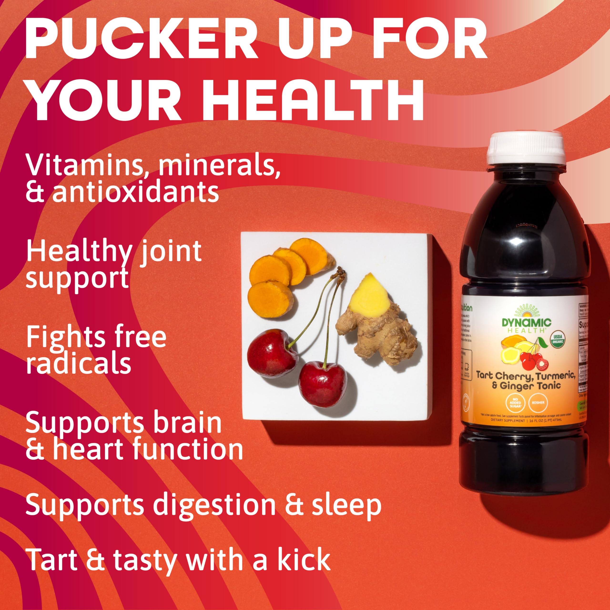 Dynamic Health Tart Cherry Juice Tonic ingredients jar reveals organic cherries and spices.