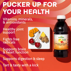 Dynamic Health Tart Cherry Juice Tonic ingredients jar reveals organic cherries and spices.