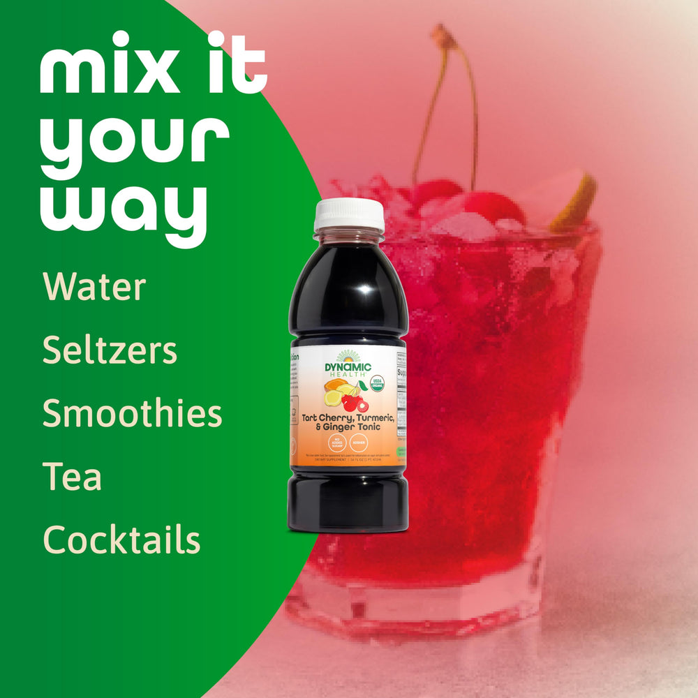 Dynamic Health Tart Cherry Juice Tonic serving glass suggests a soothing, antioxidant-rich beverage.