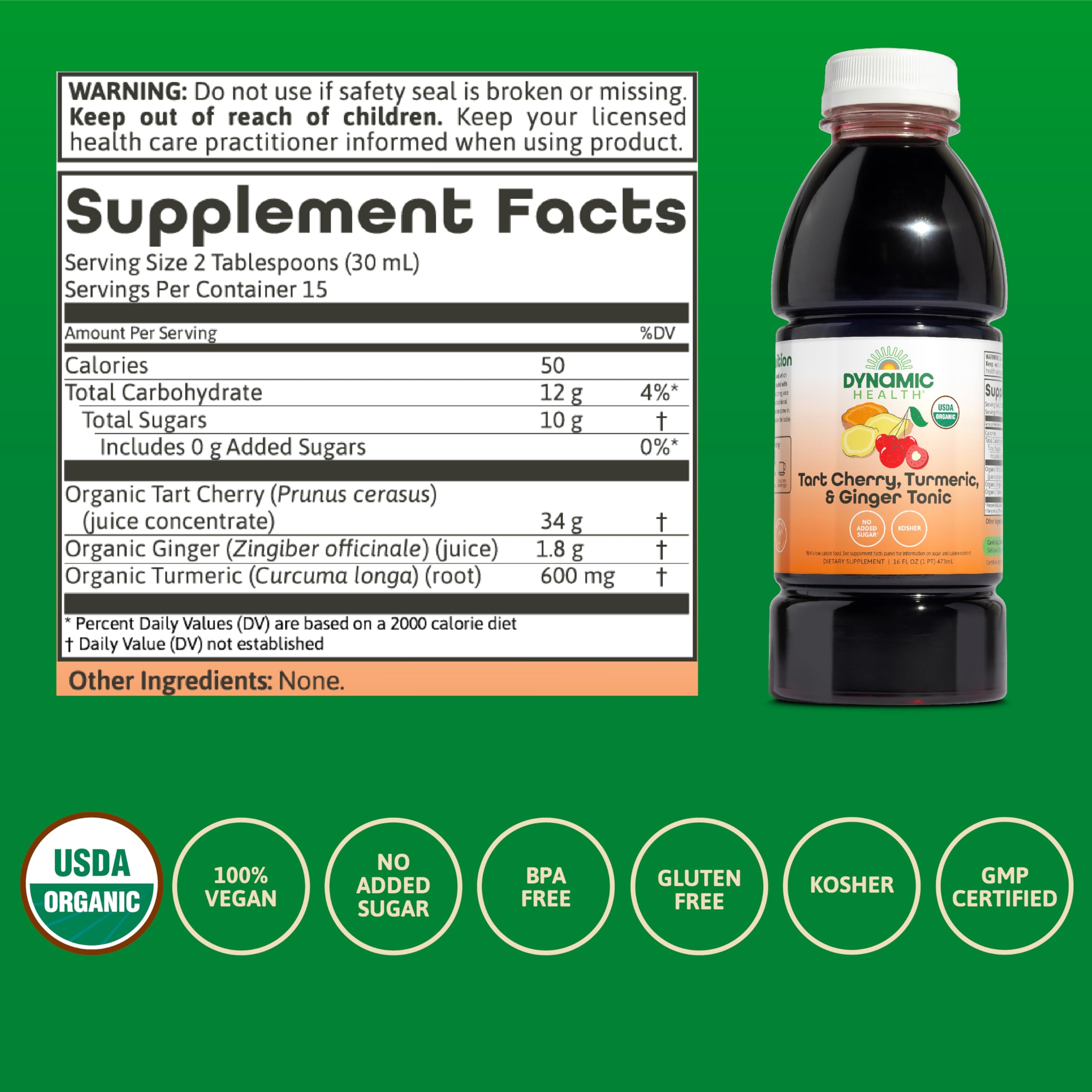 Dynamic Health Tart Cherry Juice Tonic with turmeric—turmeric swirl suggesting joint-support potential.