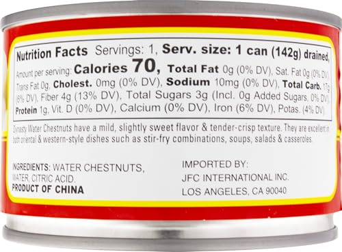 Dynasty water chestnuts 8oz can close-up for crisp texture in stir-fries.