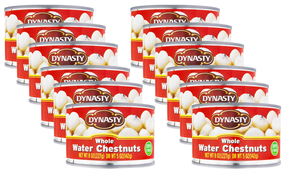 Dynasty canned whole water chestnuts front view, 12-pack for quick meals.
