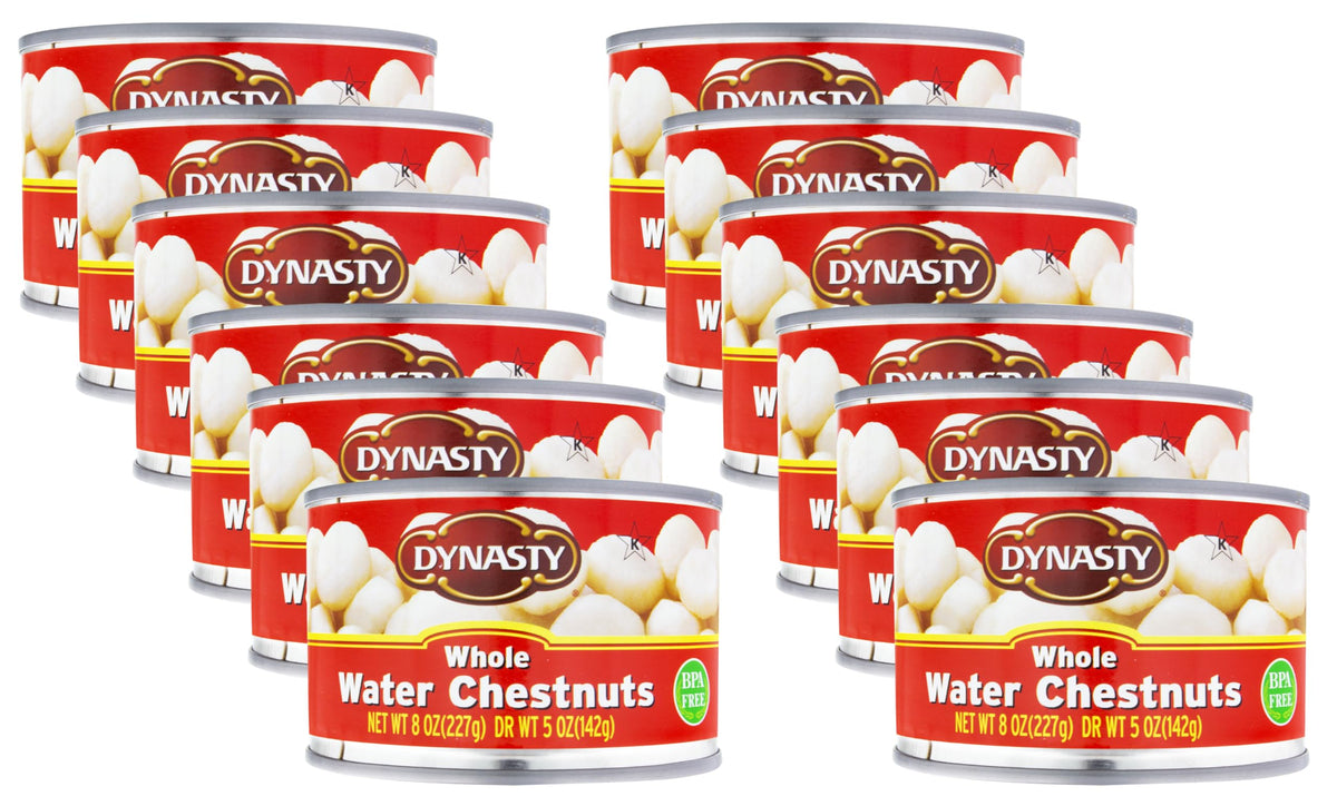 Dynasty canned whole water chestnuts front view, 12-pack for quick meals.
