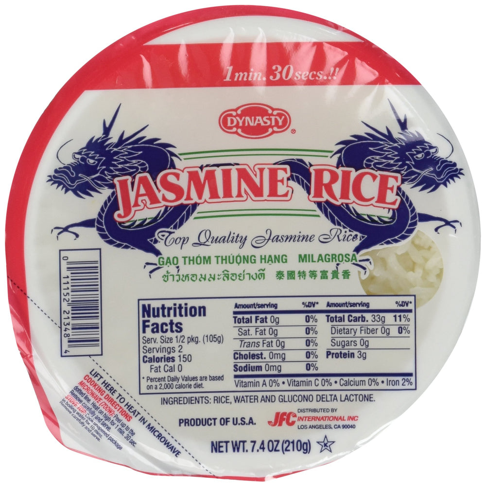 Dynasty Jasmine cooked rice packaging shown for quick, convenient meals.