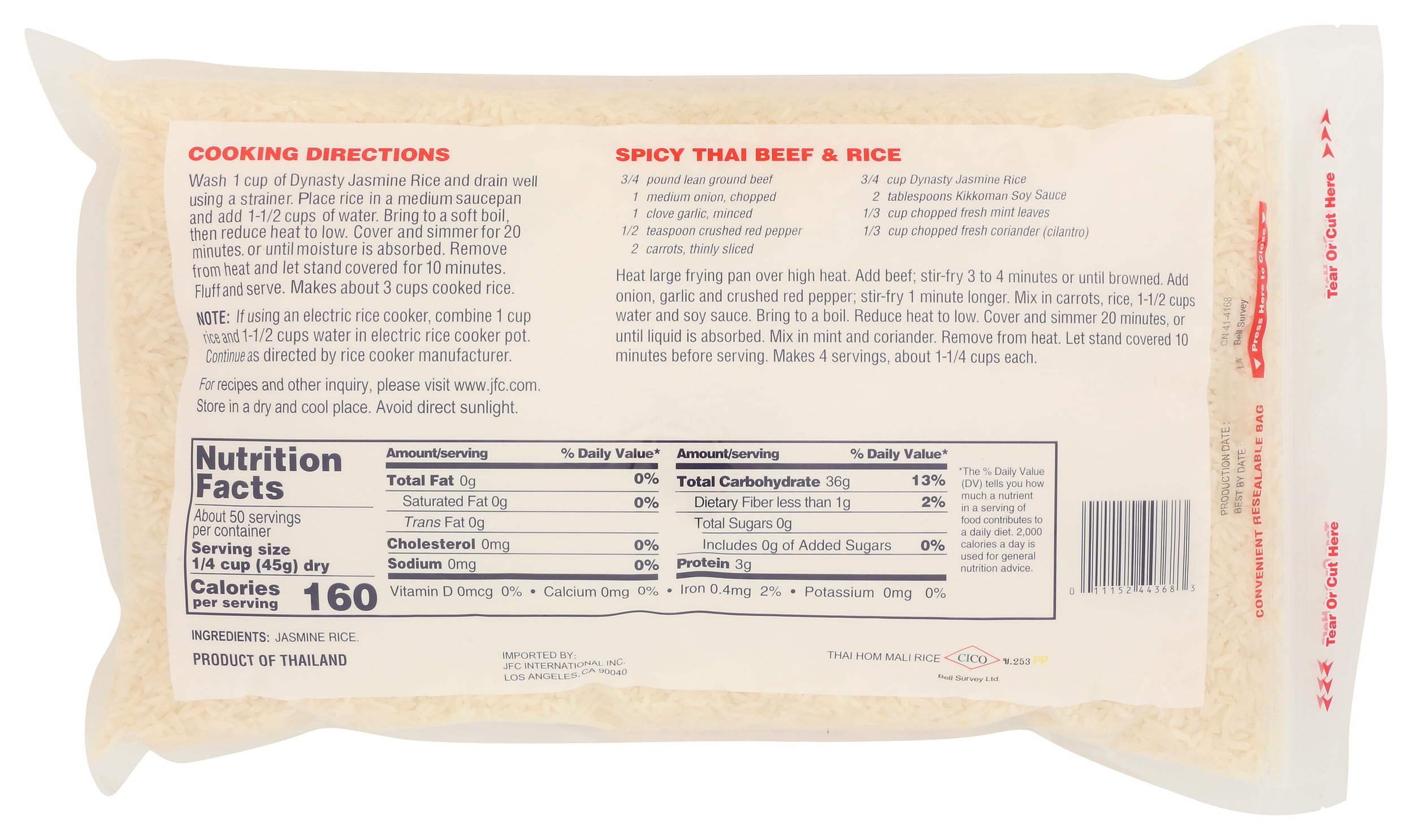 Dynasty jasmine rice uncooked grains for fluffy, fragrant Thai-inspired dishes.
