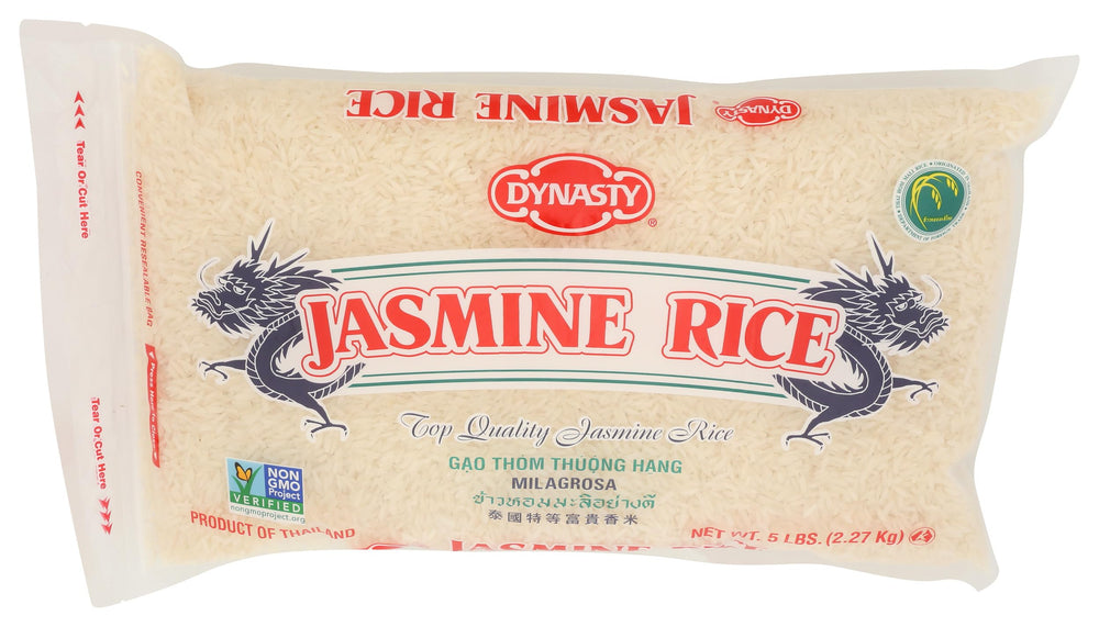 Dynasty Jasmine Rice 5lb packaging, premium pantry staple for versatile meals.