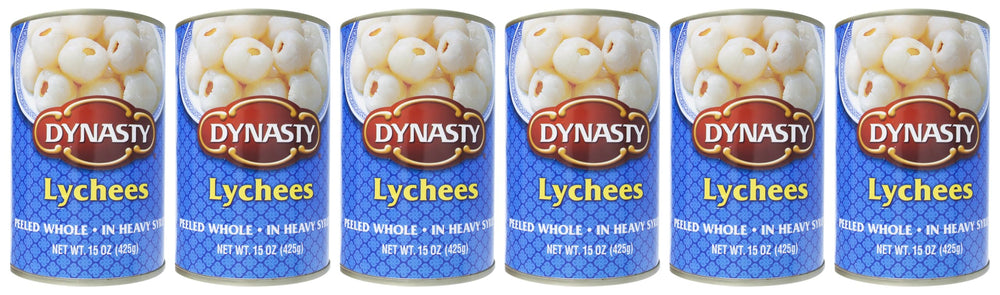 Dynasty Lychee with Syrup cans close-up showing juicy fruit for quick desserts