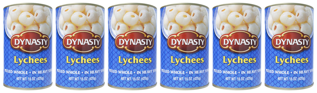Dynasty Lychee with Syrup cans close-up showing juicy fruit for quick desserts
