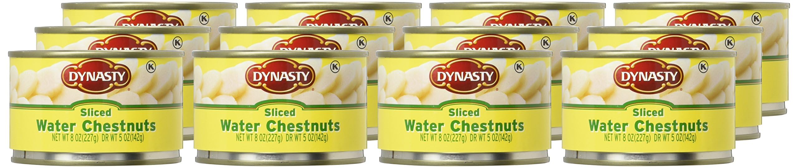 Dynasty water chestnuts cans on shelf; ready for versatile recipe prep.