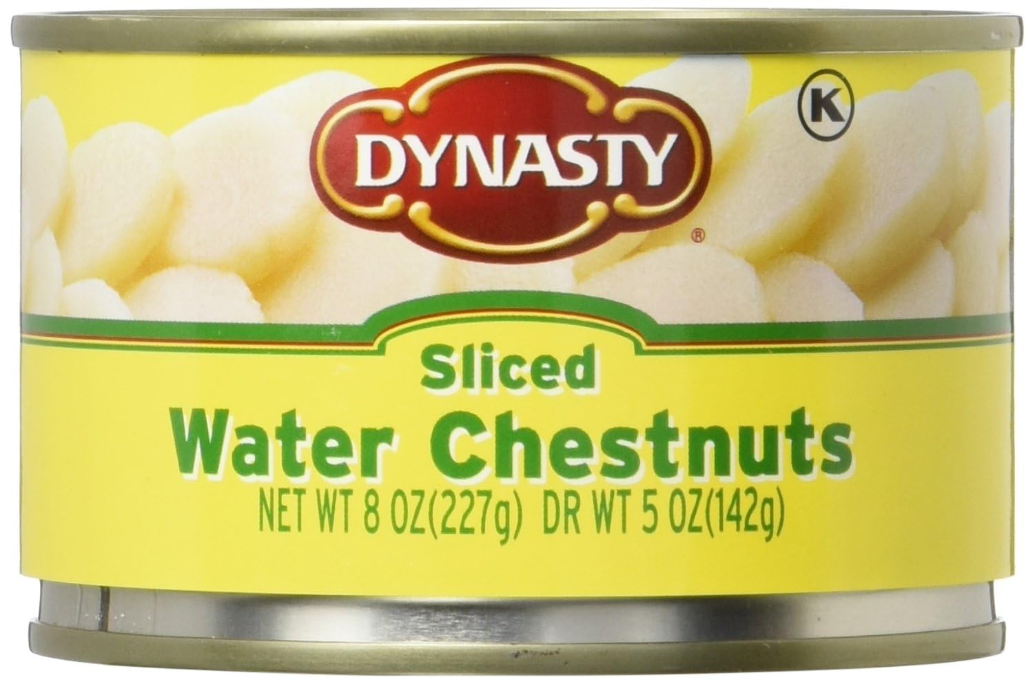 Dynasty water chestnuts sliced in can label; convenient pantry staple for quick meals.