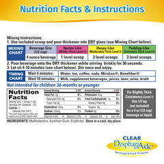 DYSPHAGIAIDE clear thickener jar label highlights taste-free formula and IDDSI levels.