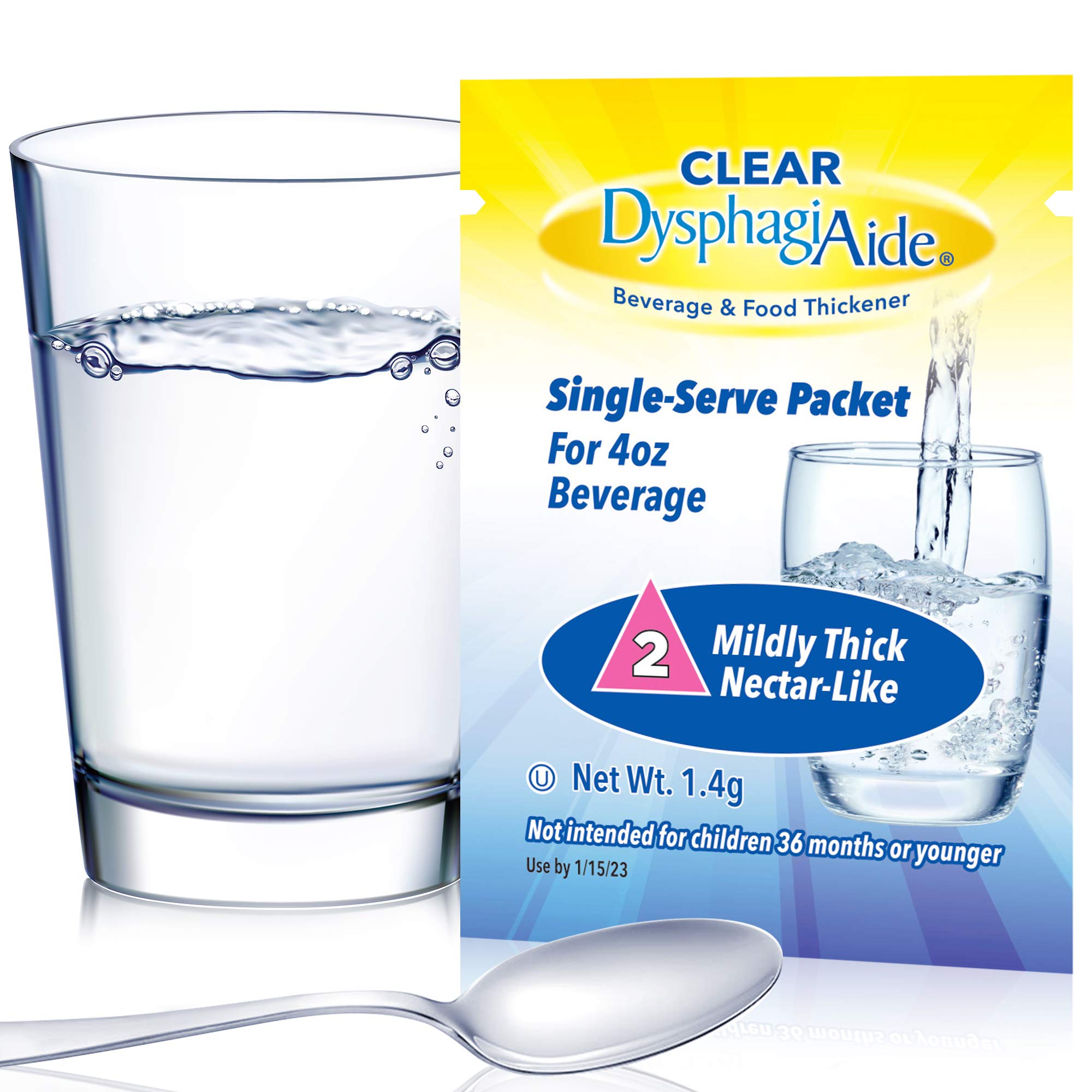 Dyspagiaide clear thickener packets front view, convenient dosing