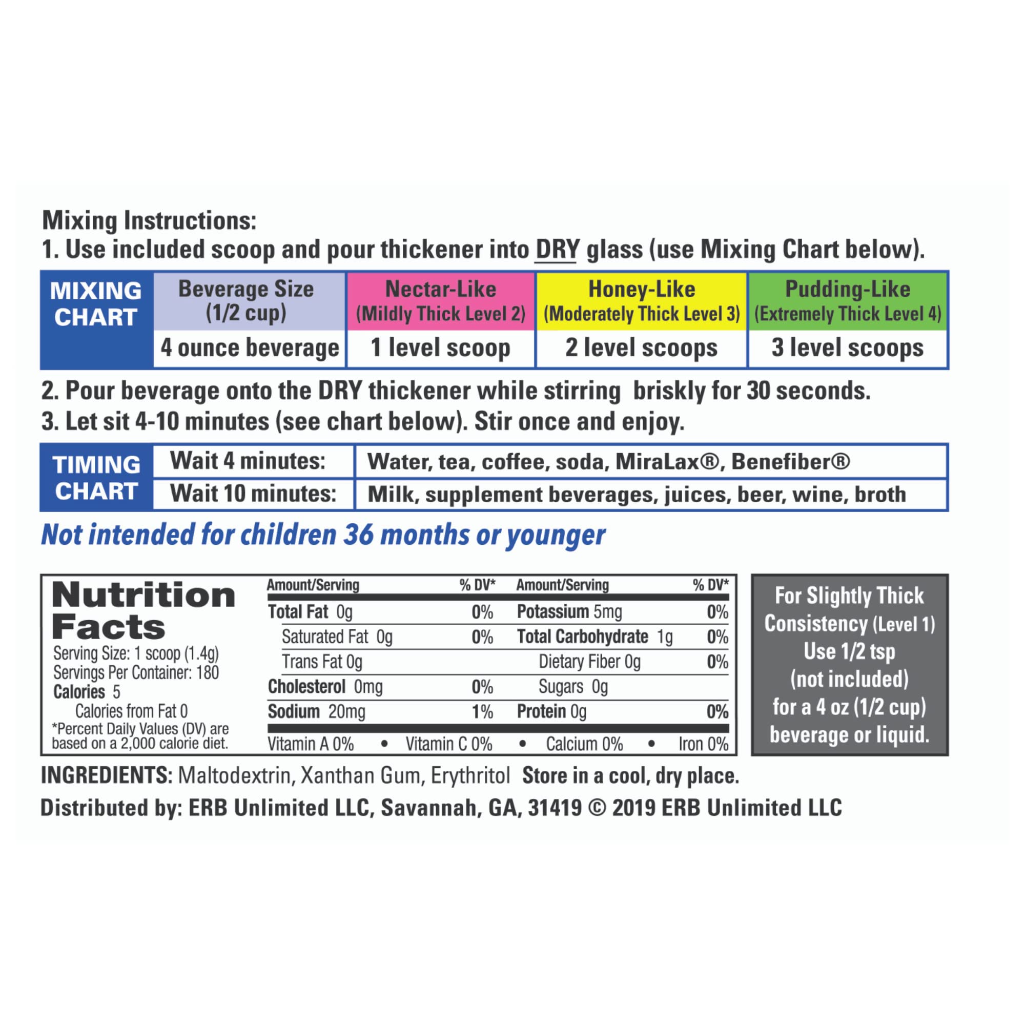 DYSPHAGIAIDE thickener jar side label highlighting packaging and guidelines.