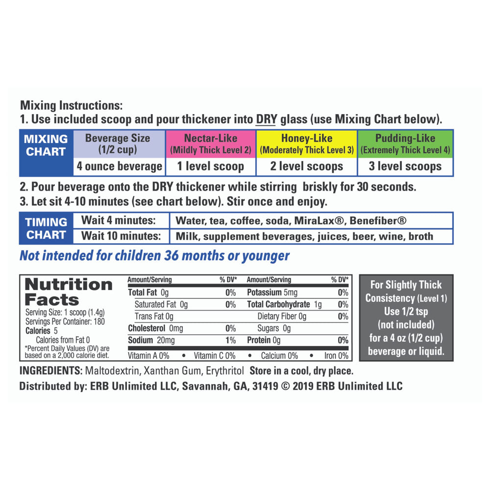 DYSPHAGIAIDE thickener jar side label highlighting packaging and guidelines.
