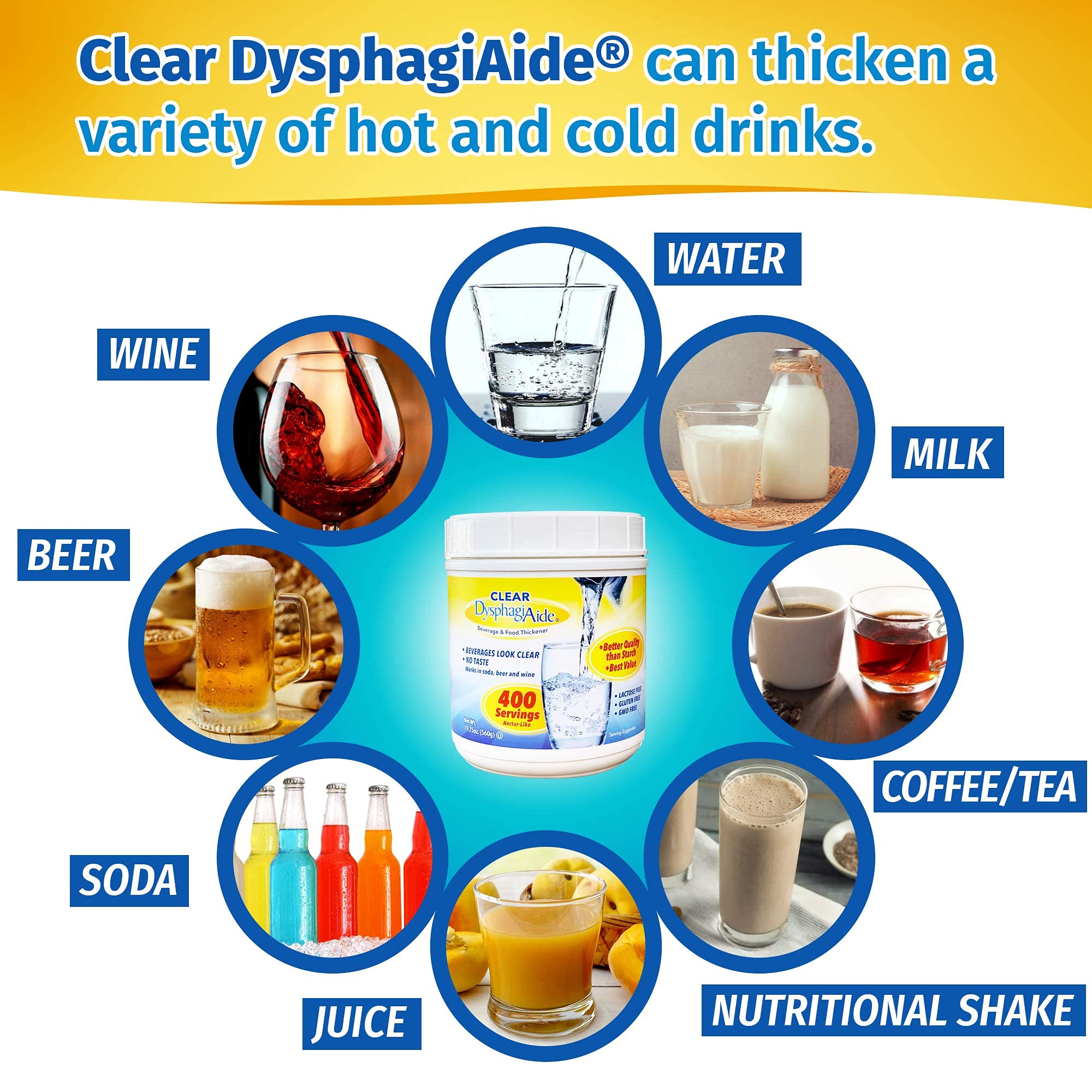 DYSPHAGIAIDE measuring scoops illustrate precise dosing for consistent thickness.
