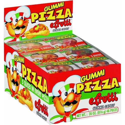 E.Frutti gummi pizza slices—soft, chewy treats for parties and Halloween.