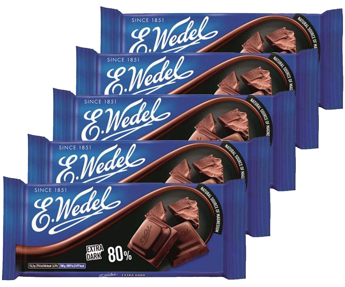 E.Wedel 80% dark chocolate pack of five, rich cacao flavor ideal for gifting.