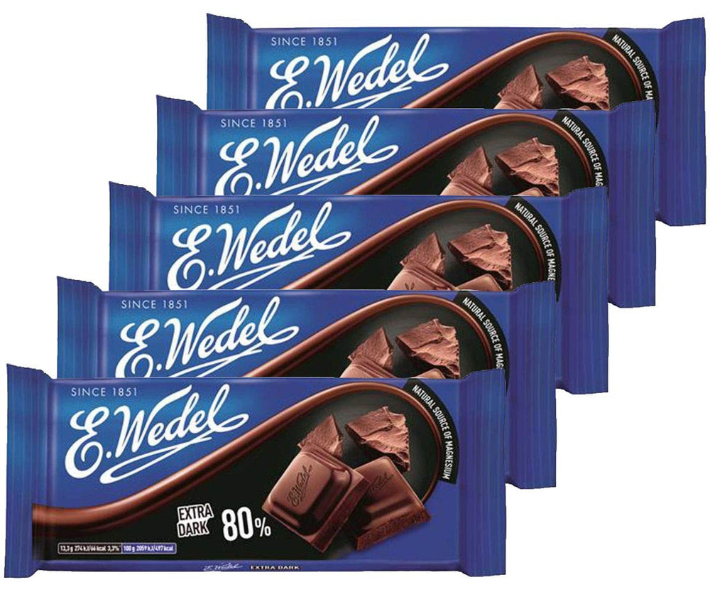 E.Wedel 80% dark chocolate pack of five, rich cacao flavor ideal for gifting.