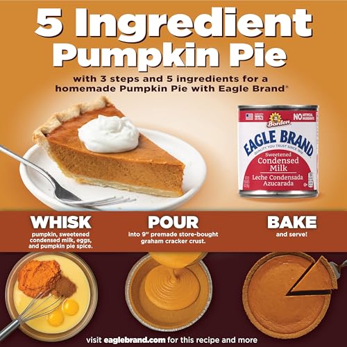 Pouring Eagle Brand condensed milk over dessert for creamy texture.