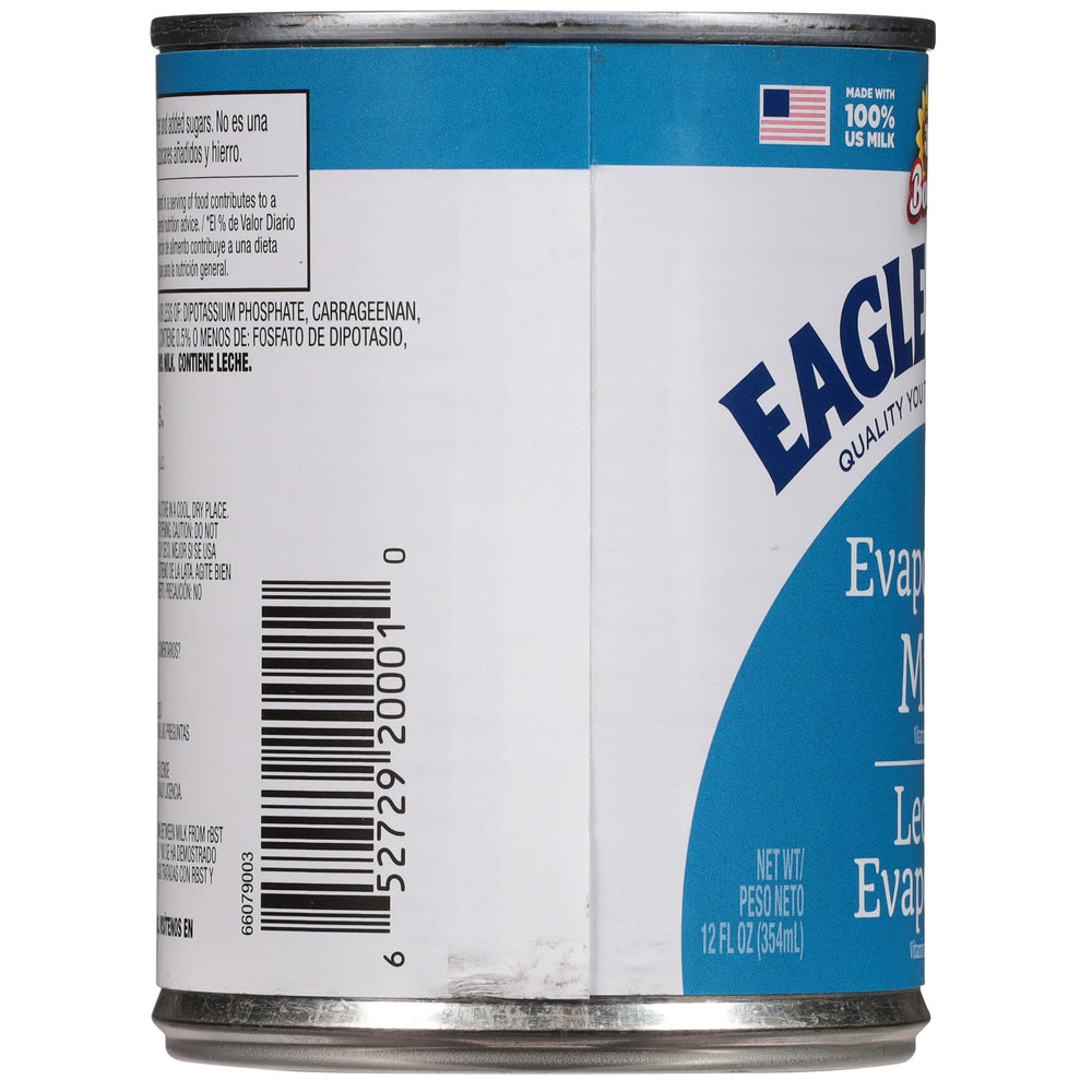 Kosher dairy certified Eagle Brand evaporated milk with gluten-free seal.