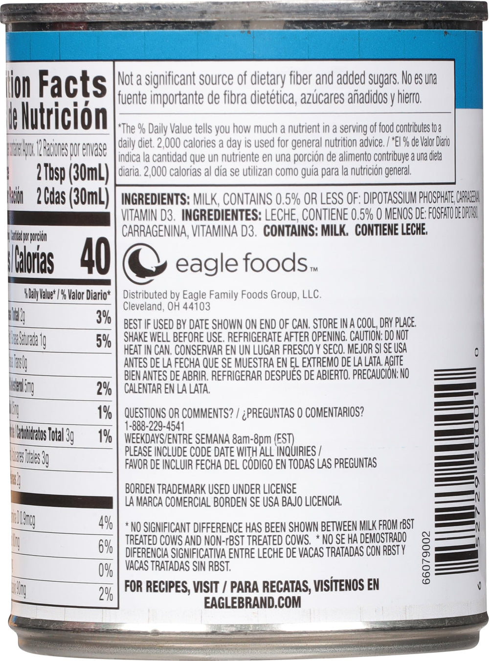 Pouring Eagle Brand evaporated milk for creamy textures in recipes.