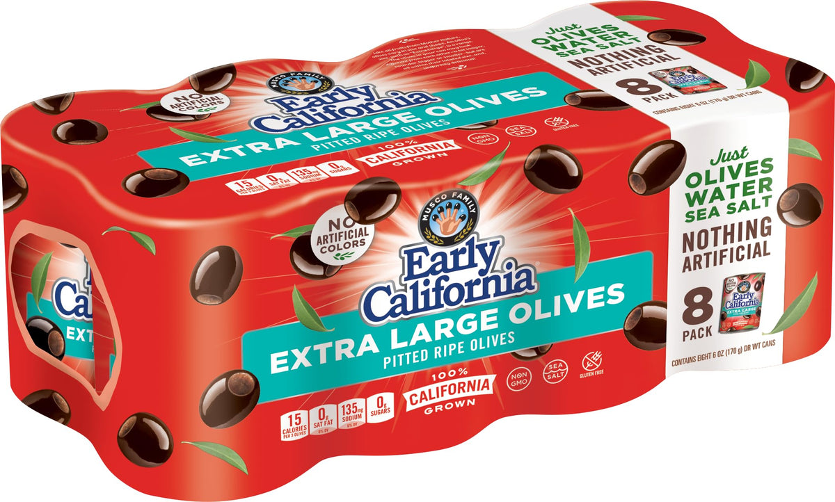 Early California extra large ripe pitted olives can label close-up; convenient, ready-to-serve snack.