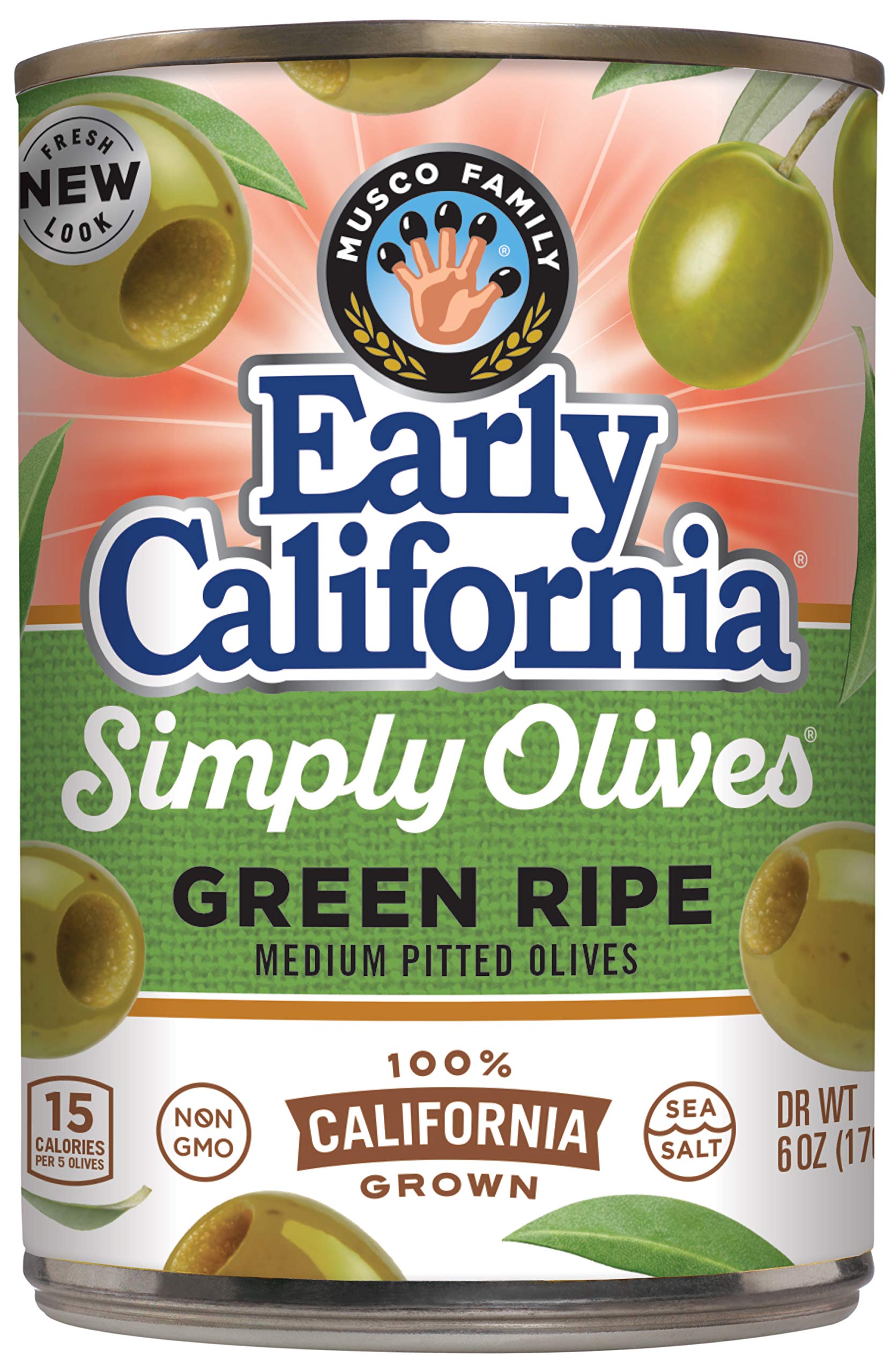 Early California Simply Olives green ripe olives in a can ready to serve.