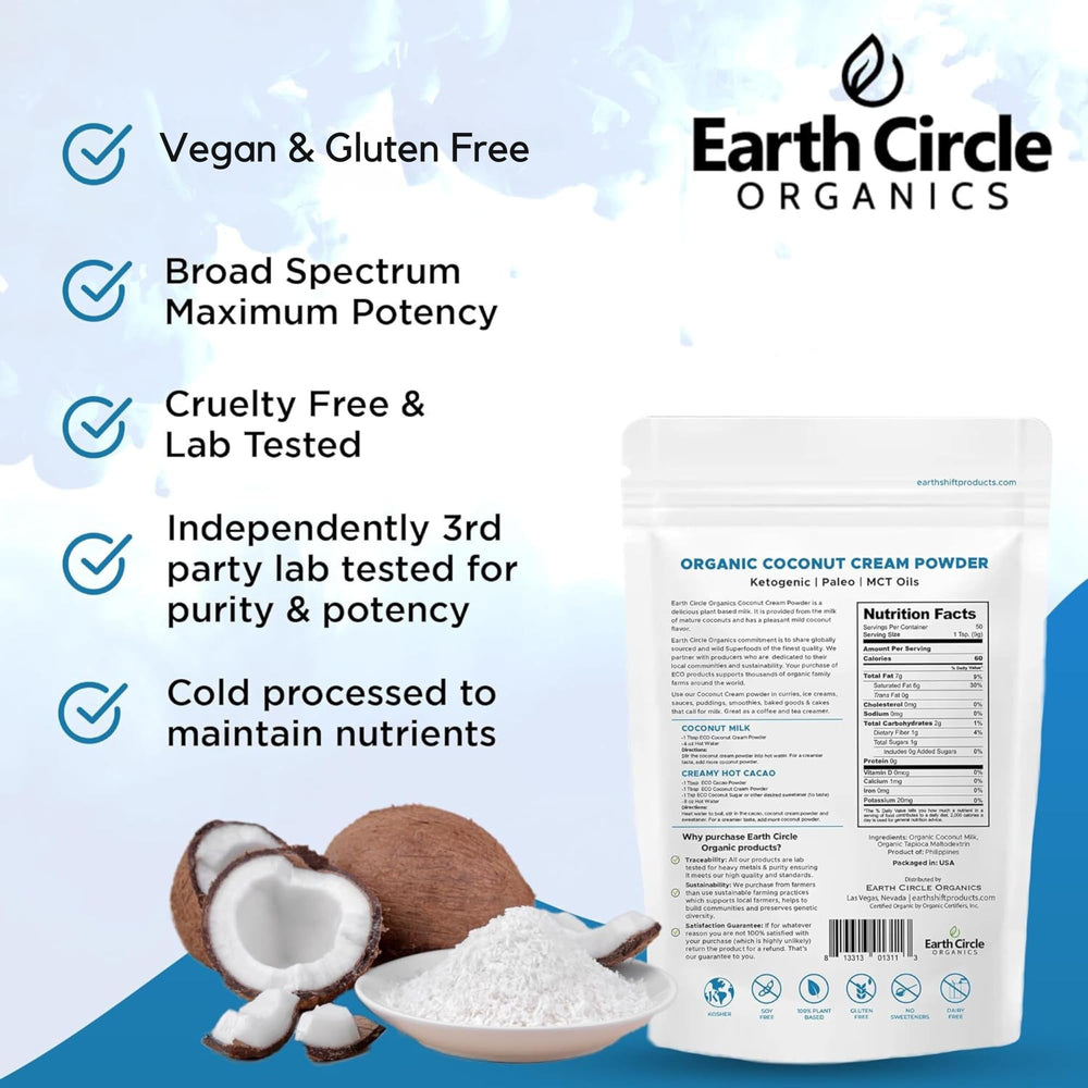 Earth Circle Organics coconut milk powder being poured into a mug for creamy aroma.