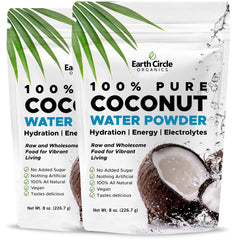 Earth Circle Organics coconut water powder bottle showing effortless hydration on the go