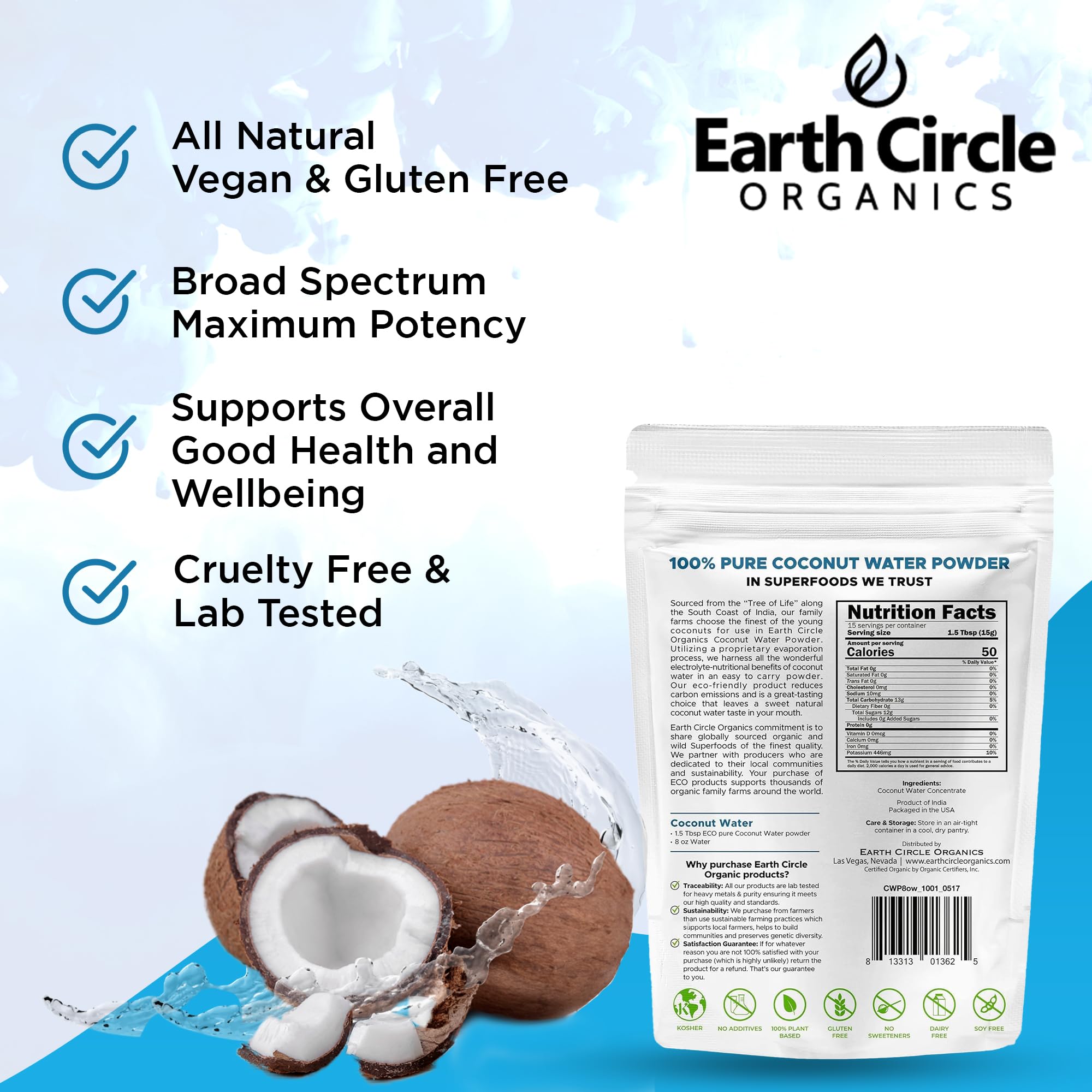 Earth Circle Organics coconut water powder in a glass highlights a clean low-calorie hydration option