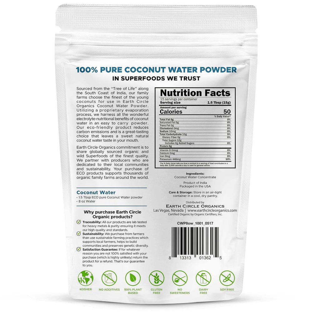 Earth Circle Organics coconut water powder pour demonstrates quick mix for post-workout hydration