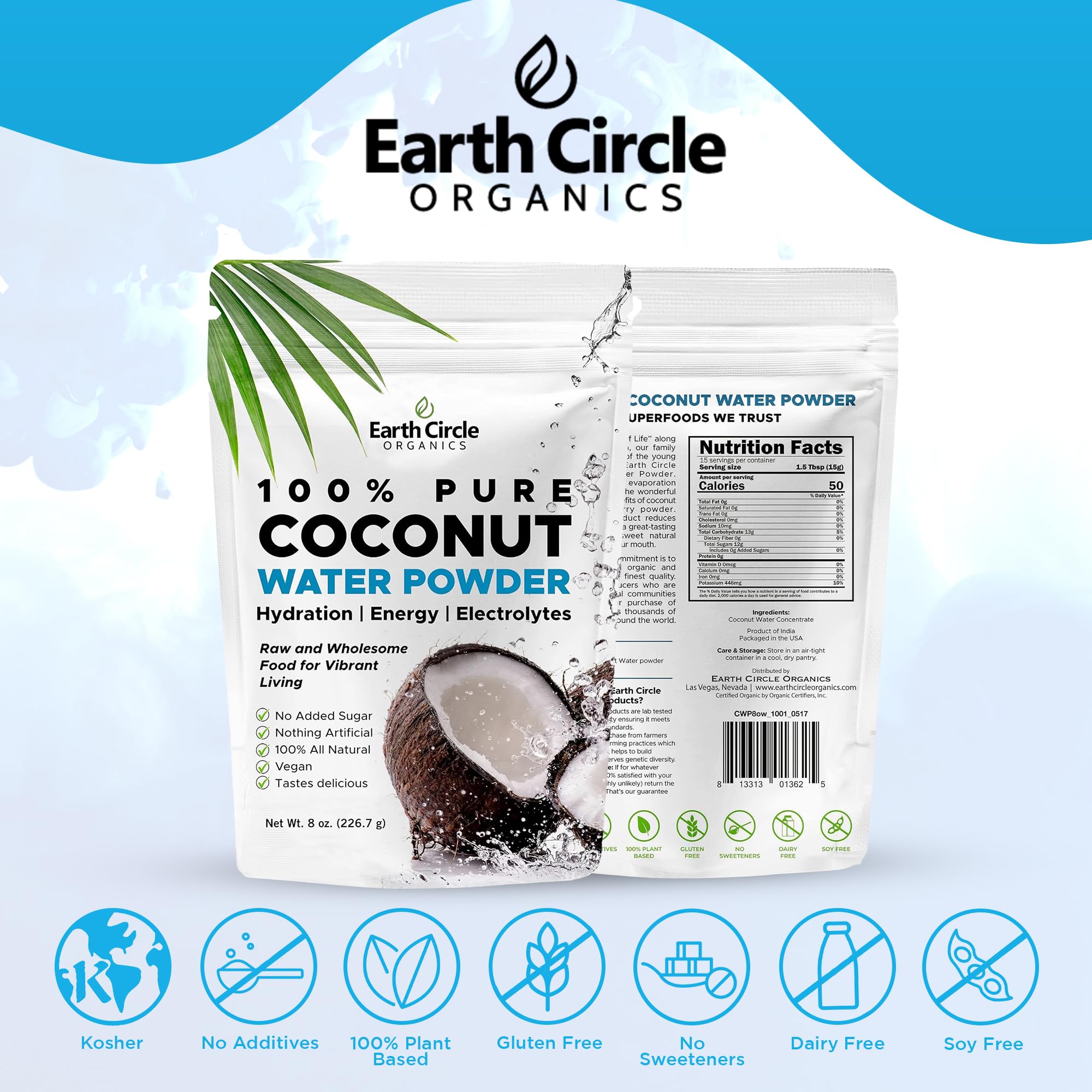 Earth Circle Organics coconut water powder with scoop emphasizes travel-friendly packaging for gym days