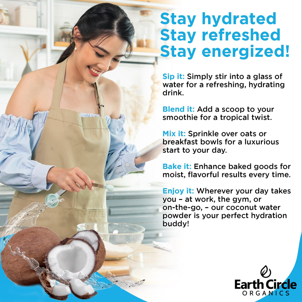 Earth Circle Organics coconut water powder smoothie scene illustrates versatile hydration in recipes