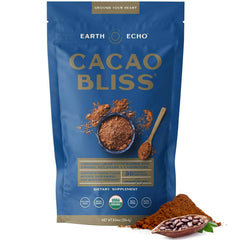 Earth Echo Cacao Bliss powder jar shows ceremonial-grade cacao aroma and texture for energy