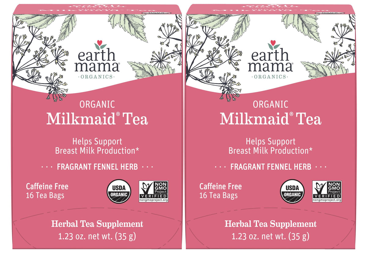 Earth Mama Milkmaid Tea box front highlighting organic, caffeine-free lactation blend.