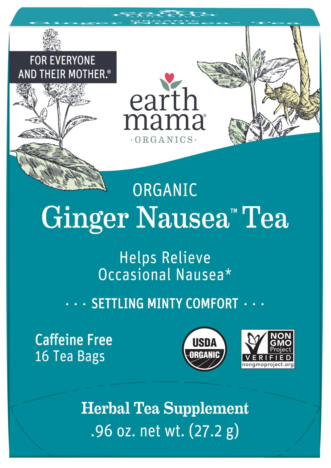 Earth Mama Organic Ginger Nausea Tea bag in a mug, soothing warmth for tummy.