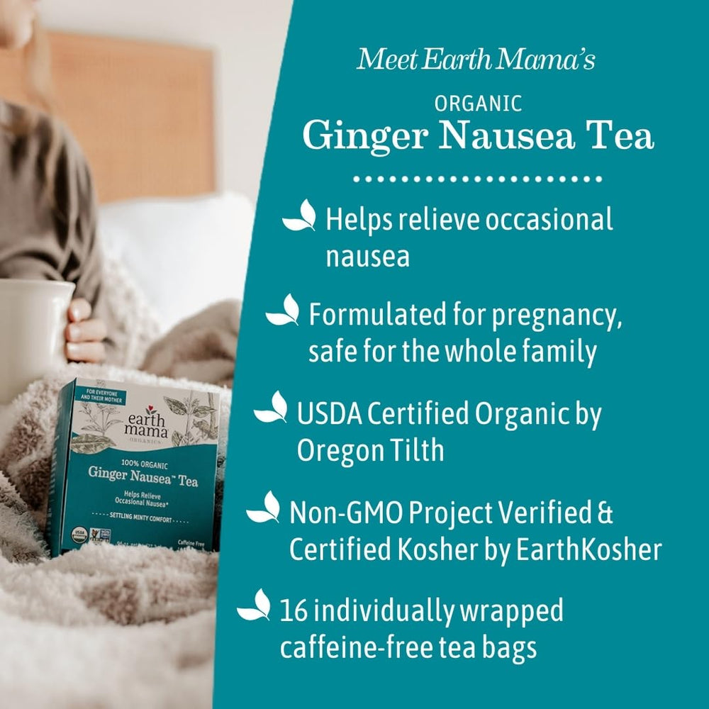 Earth Mama Organic Ginger Nausea Tea ingredients: ginger, chamomile, lemon balm, mint, orange.