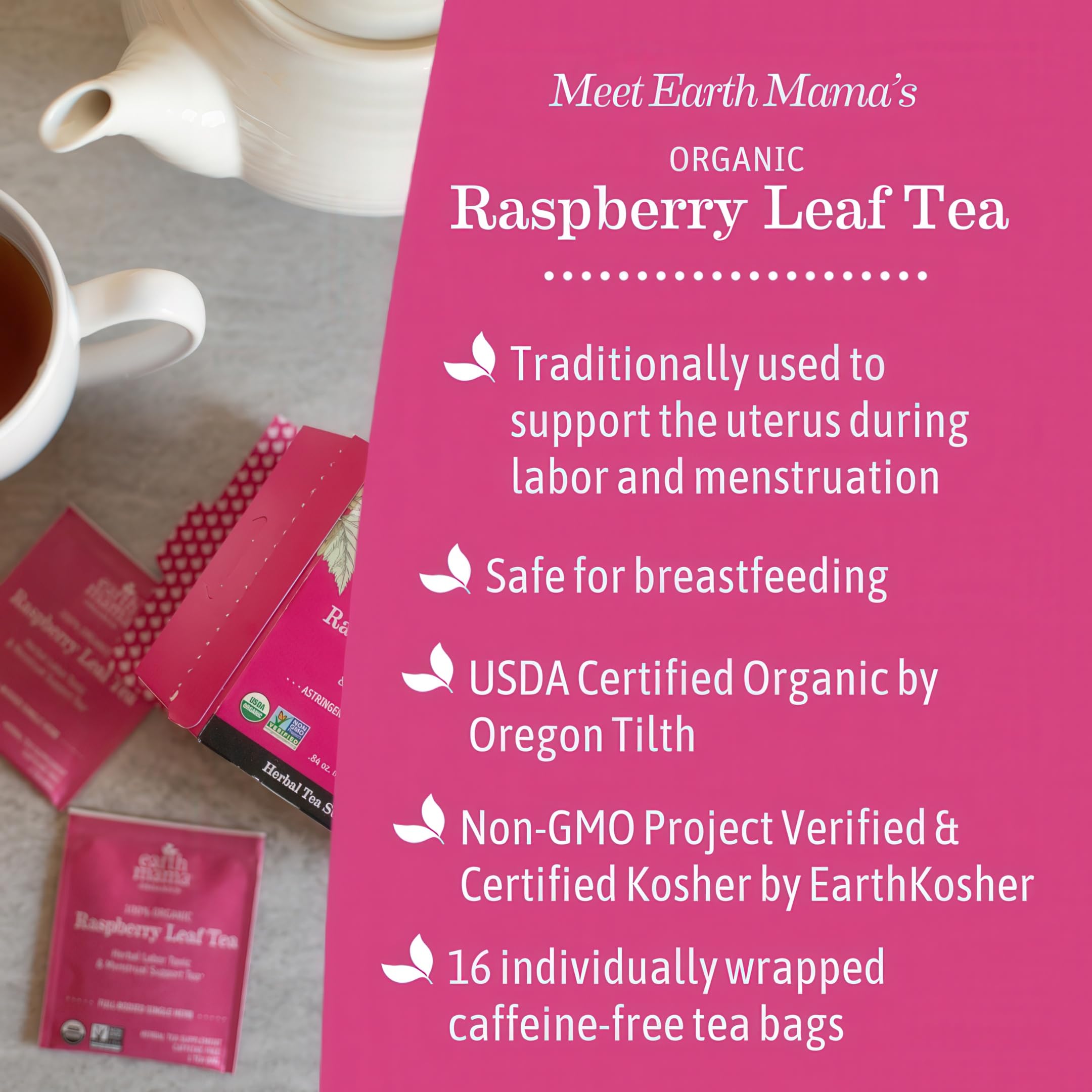 Hot cup of Earth Mama Organic Red Raspberry Leaf Tea with inviting aroma
