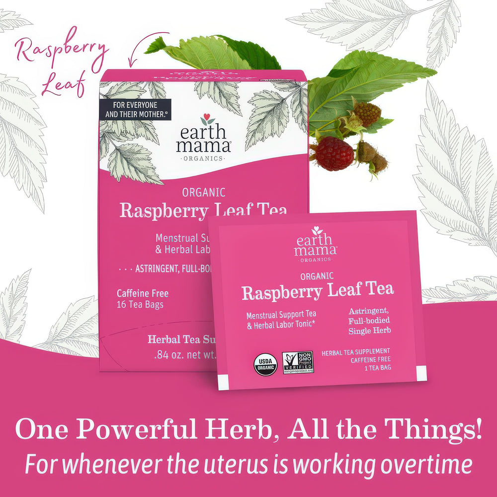 Close-up of Earth Mama Raspberry Leaf Tea label detailing organic and kosher certifications