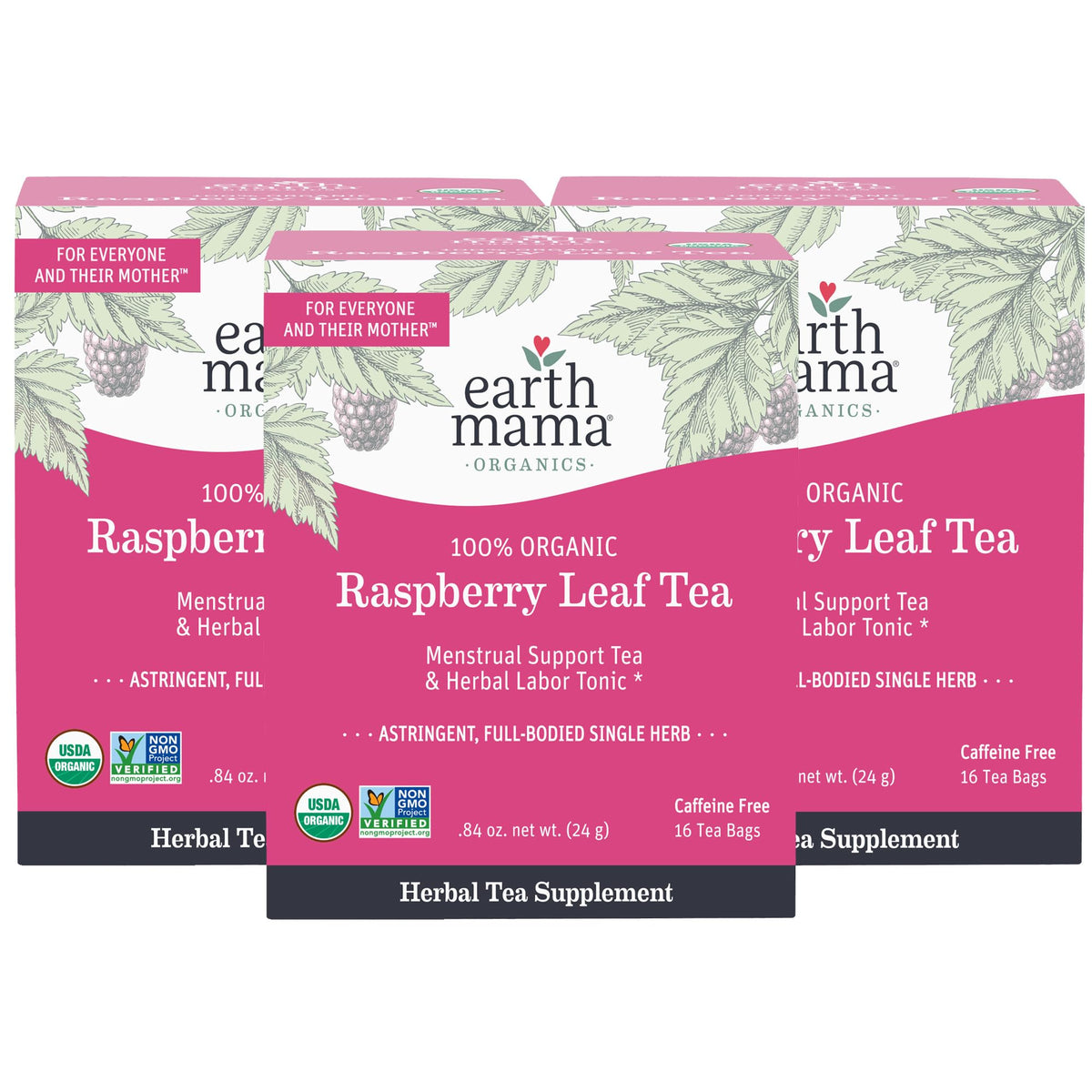 Earth Mama Organic Red Raspberry Leaf Tea packaging on display, highlighting organic and kosher certification