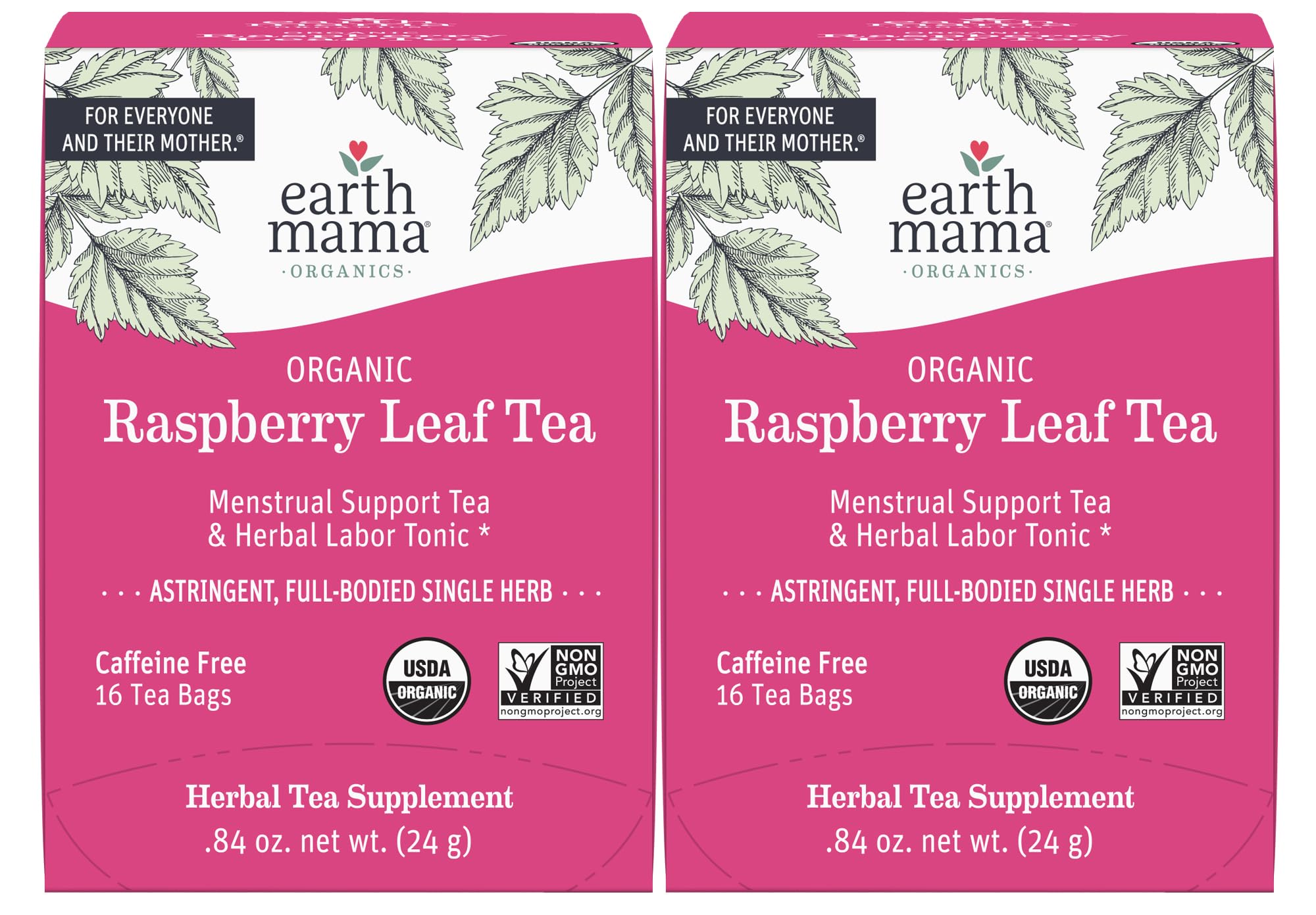 Earth Mama Organic Red Raspberry Leaf Tea packaging showing brand and quality labels for clean ingredients