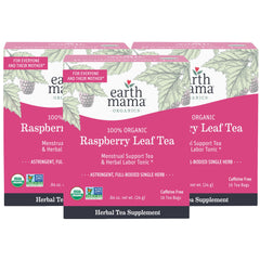 Earth Mama Organic Red Raspberry Leaf Tea packaging on display, highlighting organic and kosher certification