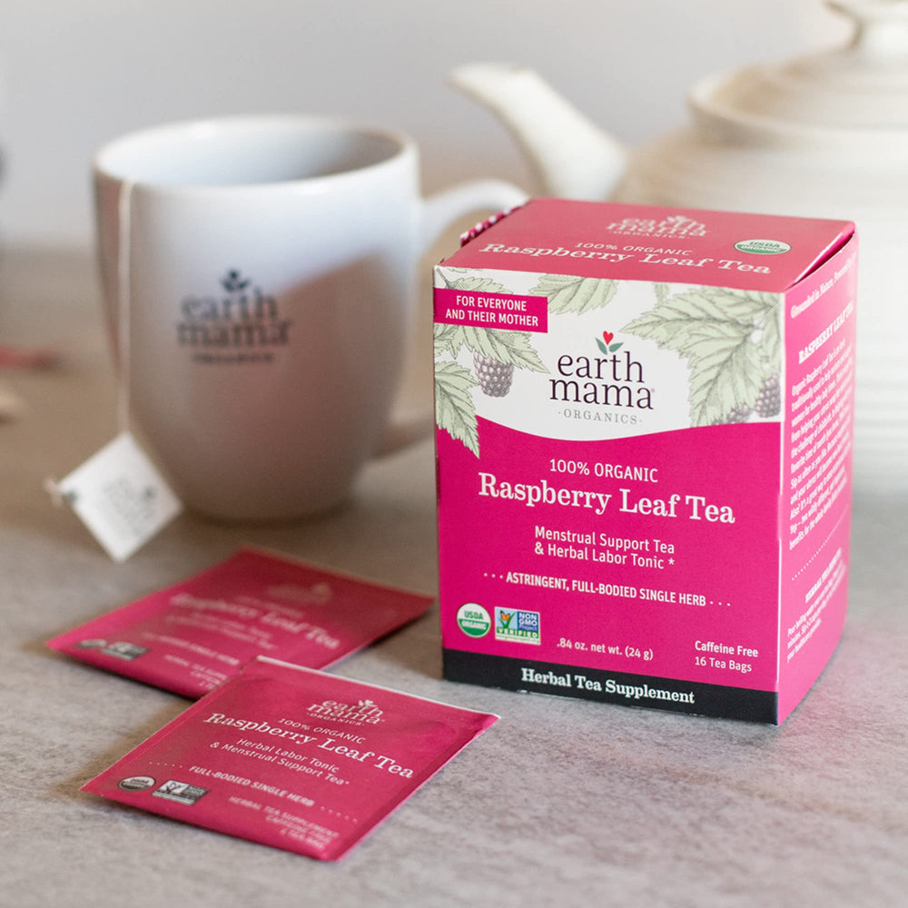 Label closeup of Earth Mama Raspberry Leaf Tea showcasing certifications