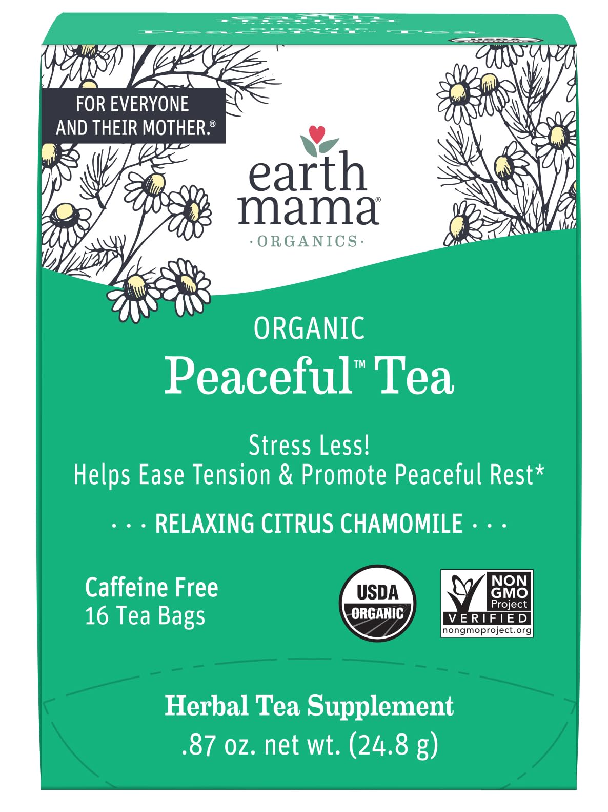 Earth Mama Peaceful Tea box on a kitchen counter suggesting a calming ritual