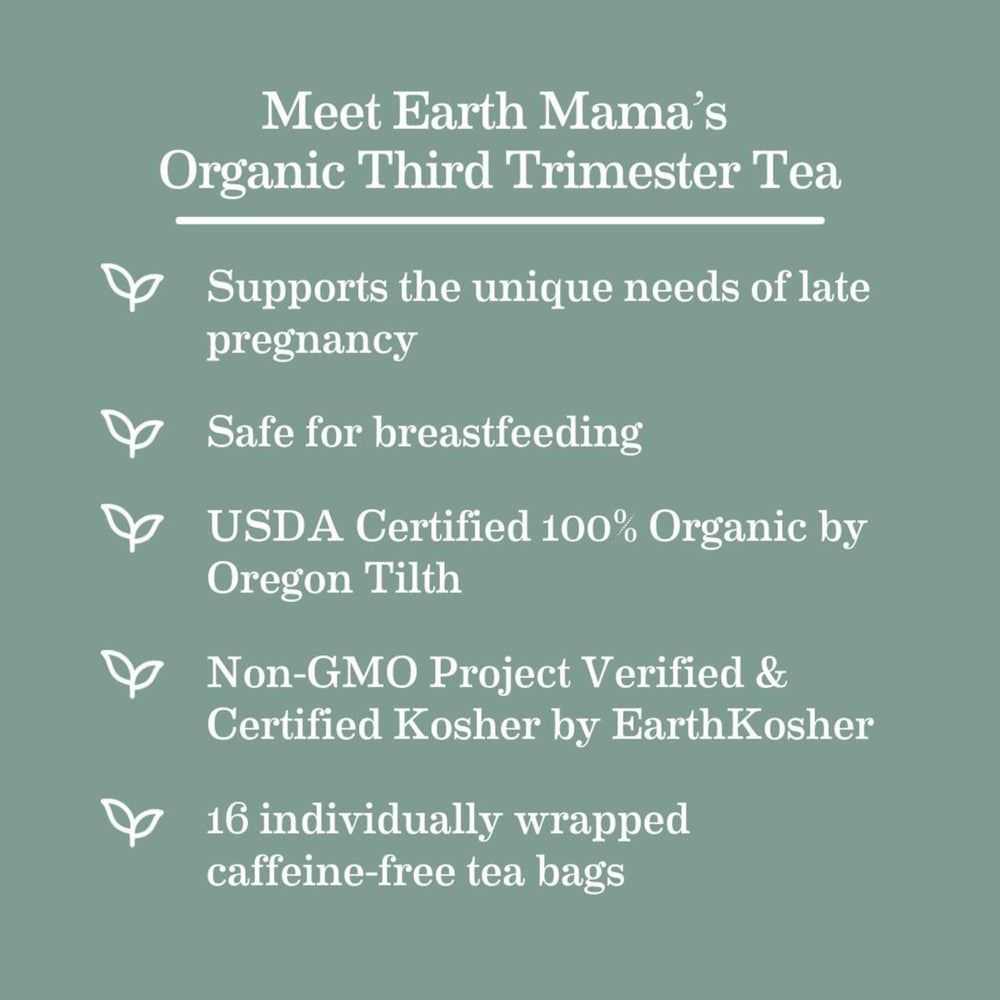 Earth Mama Third Trimester Tea bag close-up highlighting herbal blend.