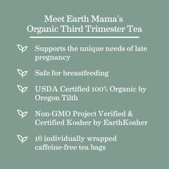 Earth Mama Third Trimester Tea bag close-up highlighting herbal blend.