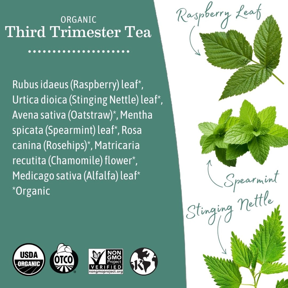 Earth Mama Third Trimester Tea label displaying USDA Organic and Kosher marks.
