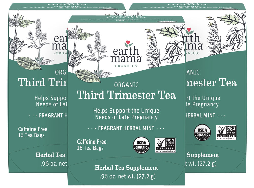 Earth Mama Third Trimester Tea pack close-up highlighting organic blend and certifications.