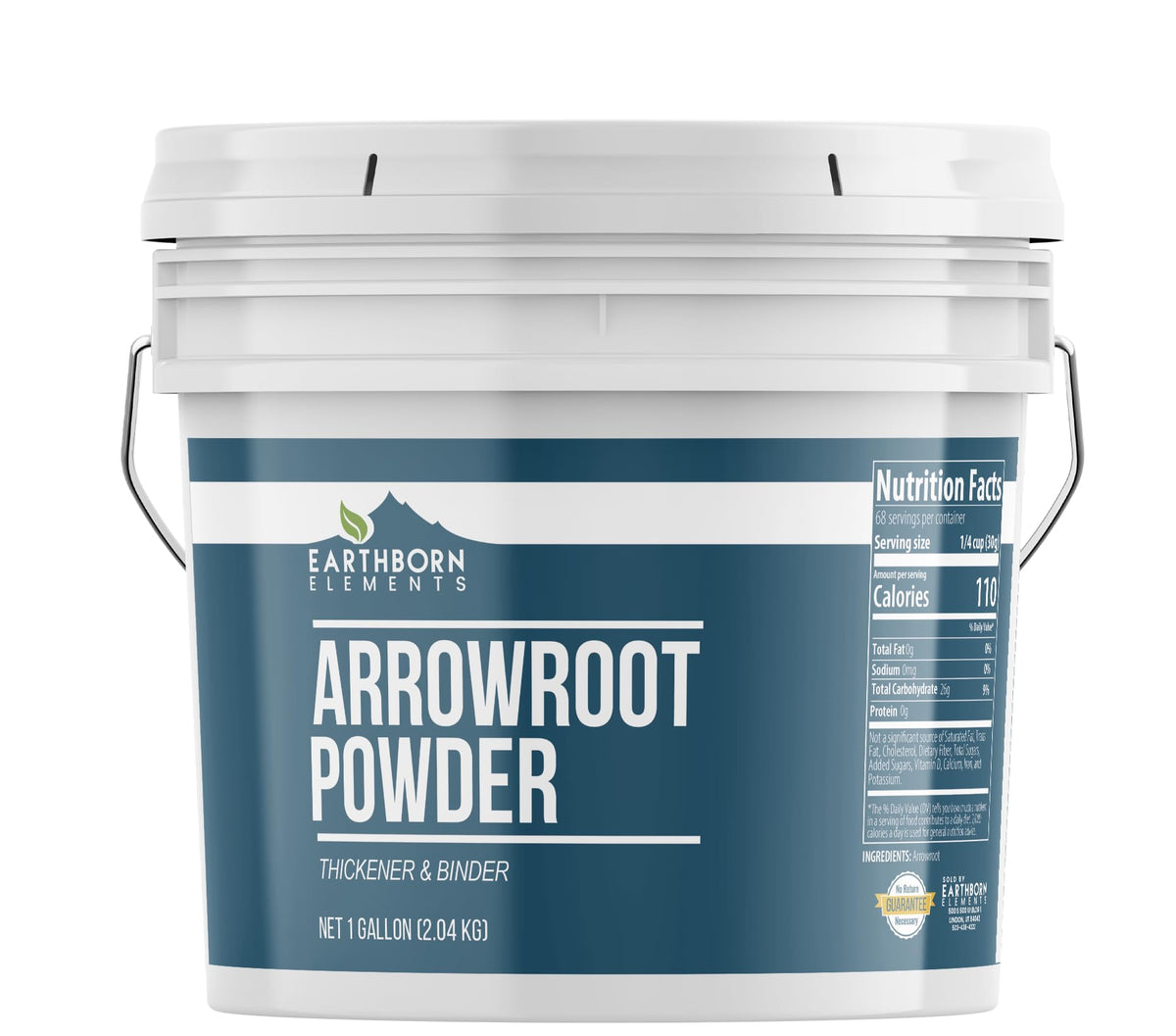 Earthborn Elements Arrowroot Powder bucket front view, pure thickener for gravies