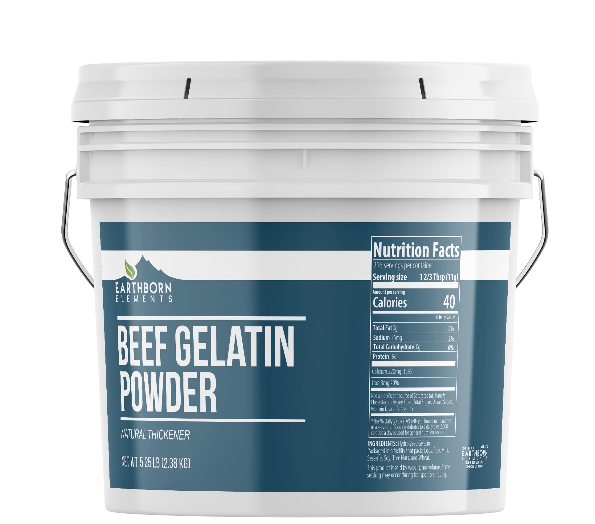 Earthborn Elements Beef Gelatin Powder bucket shown as a versatile thickener for soups and sauces.